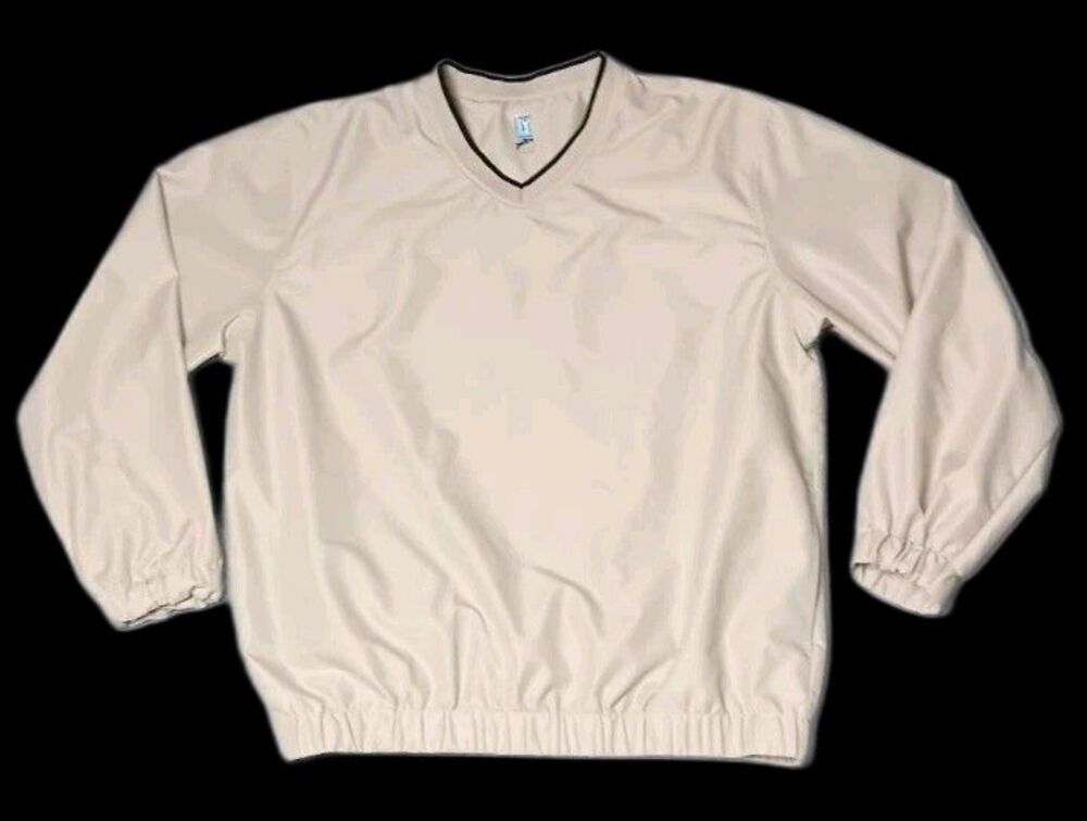 PGA Tour Pullover Windbreaker Jacket Mens Size Large Beige Black Trim Vneck...